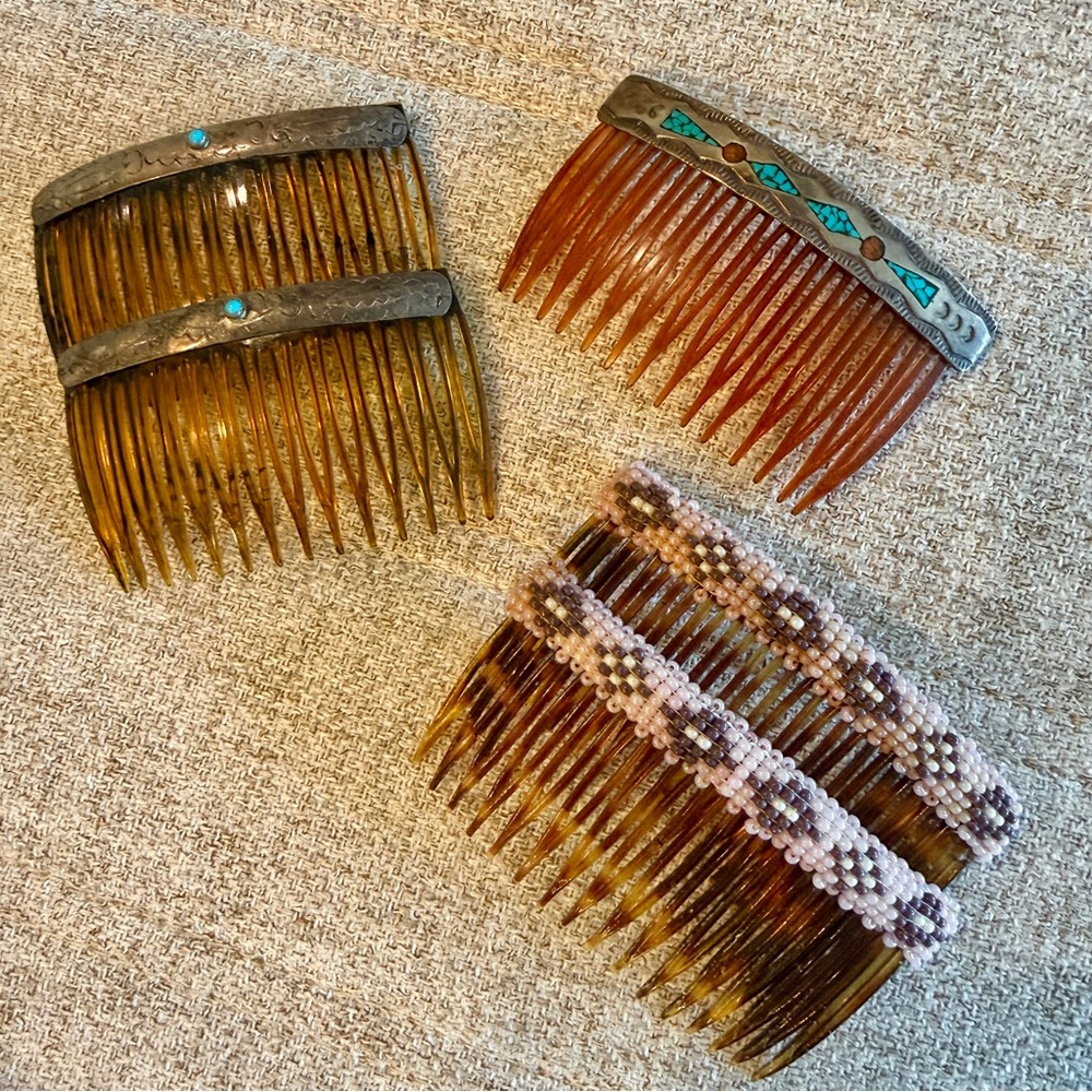 Vintage Navajo Silver Hair Comb Set with Turquoise, Coral and Beaded Accents